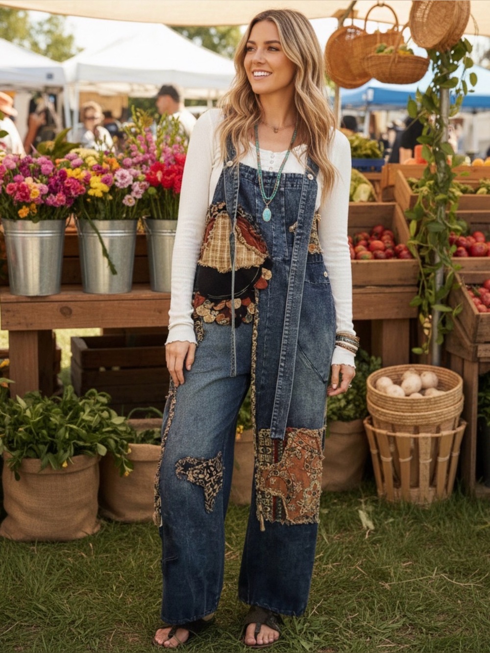 Bluevelvet Dark wash Adjustable Straps Plaid Patchwork Wide leg Bib Overalls